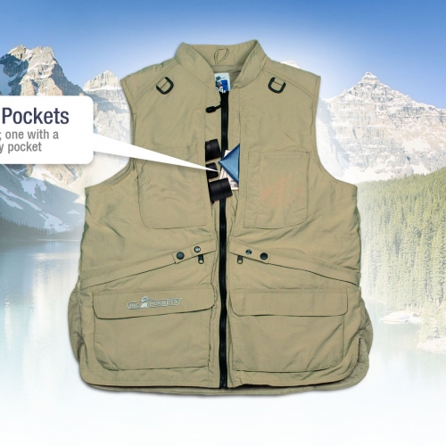 Zippered Chest Pockets. Both are zippered; one with a hidden security pocket